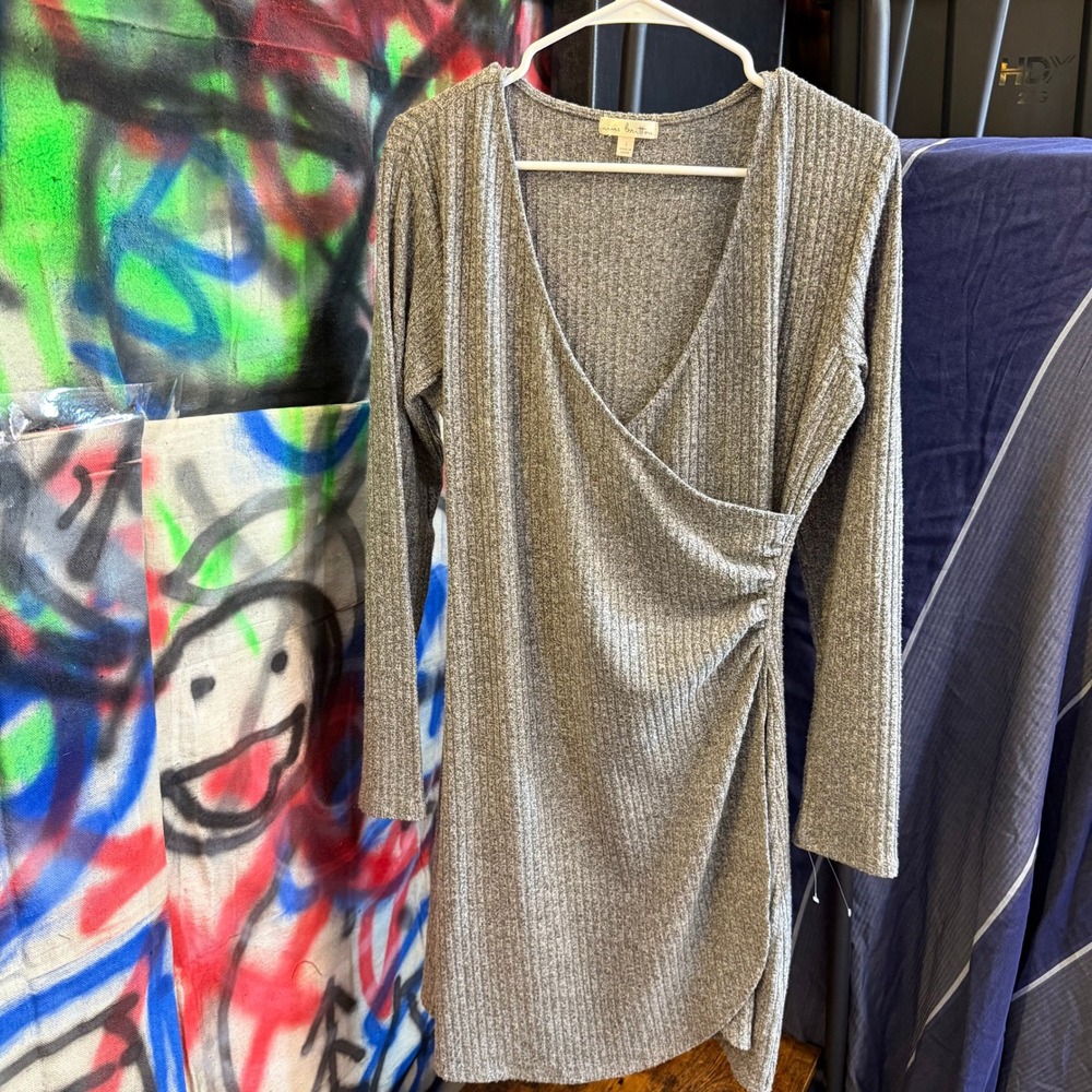 Nine Britton Womens Large Heather Grey Ribbed Long Sleeve Wrap Tulip Dress Work